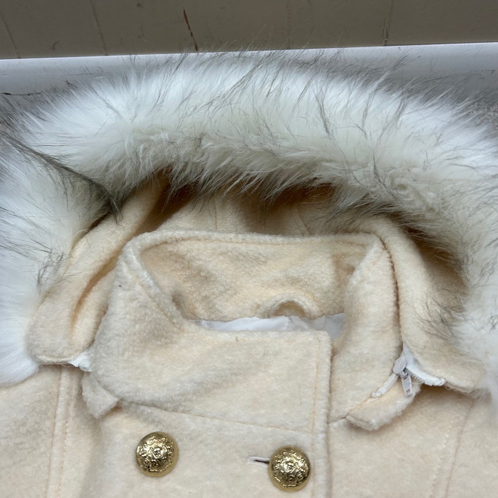 Liz‎ Claiborne Wool Coat Large Faux Fur Hood Double Breasted Gold Button New NWT - Picture 8 of 12